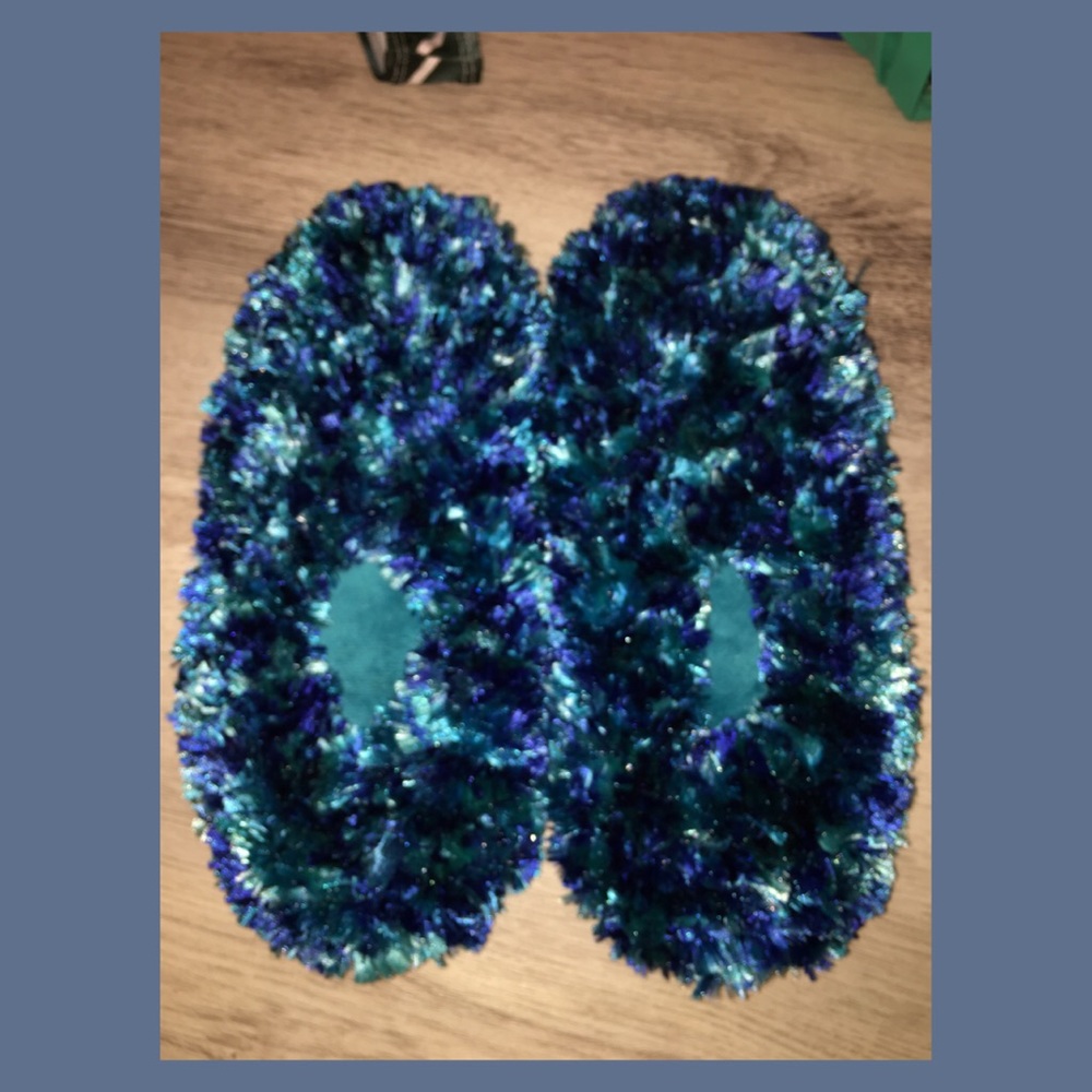 Blue fuzzy house slip-ons